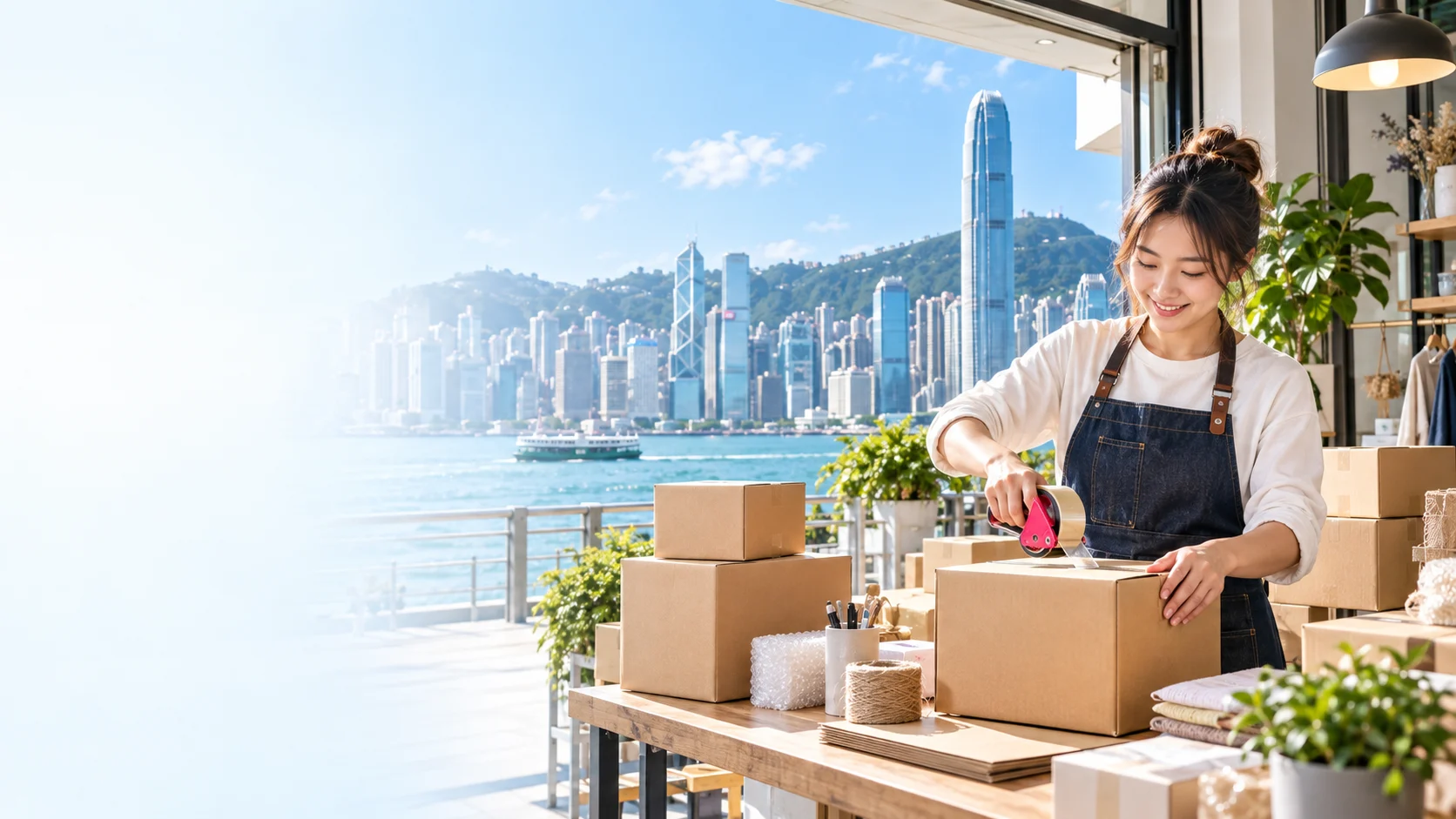 A merchant packing orders in a shop with moving boxes and a city skyline outside