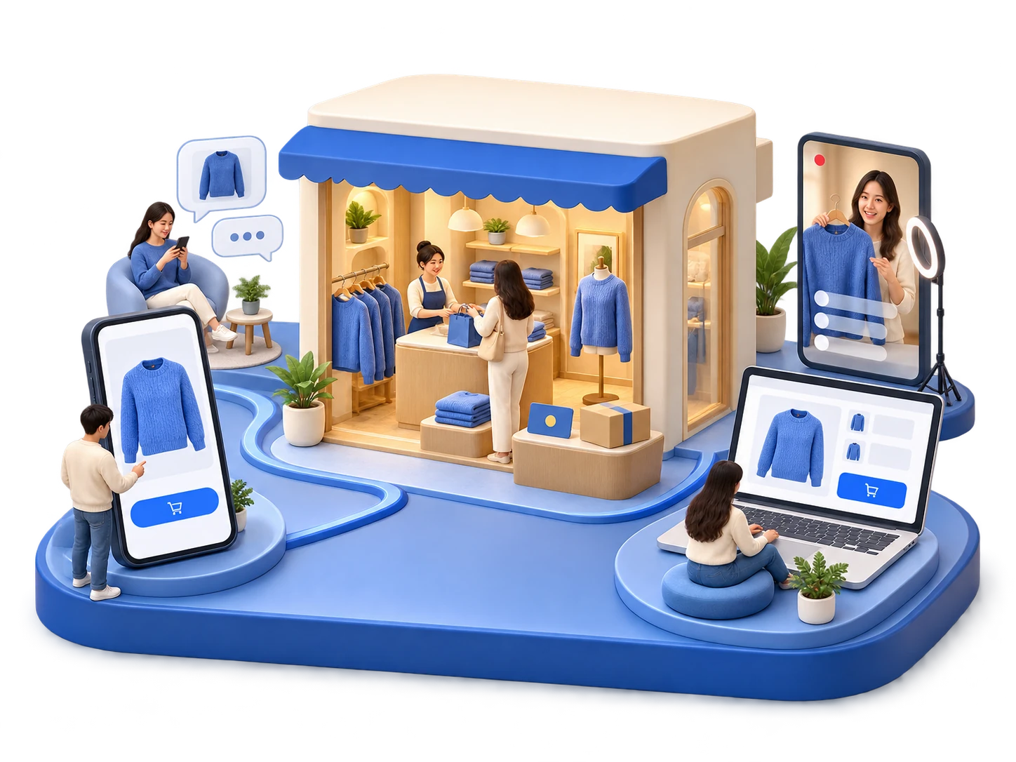 Ilustrasyon ng tindahang konektado sa phone, computer, chat, at live purchases na may magkakaugnay na stock, orders, at membership